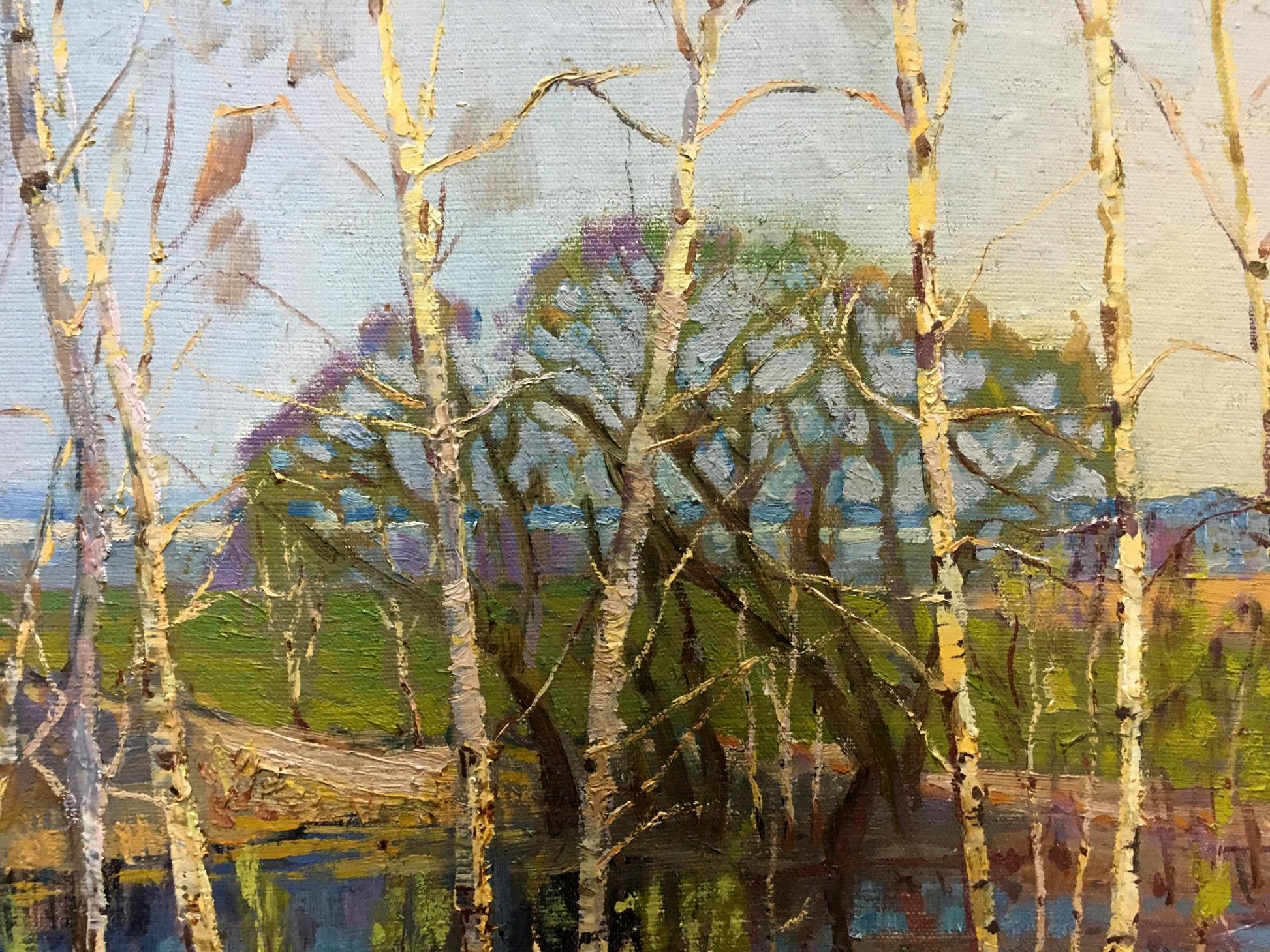 Oil painting by Lvov Sergey Sergeyevich: pale birch trees, blue sky, green landscape