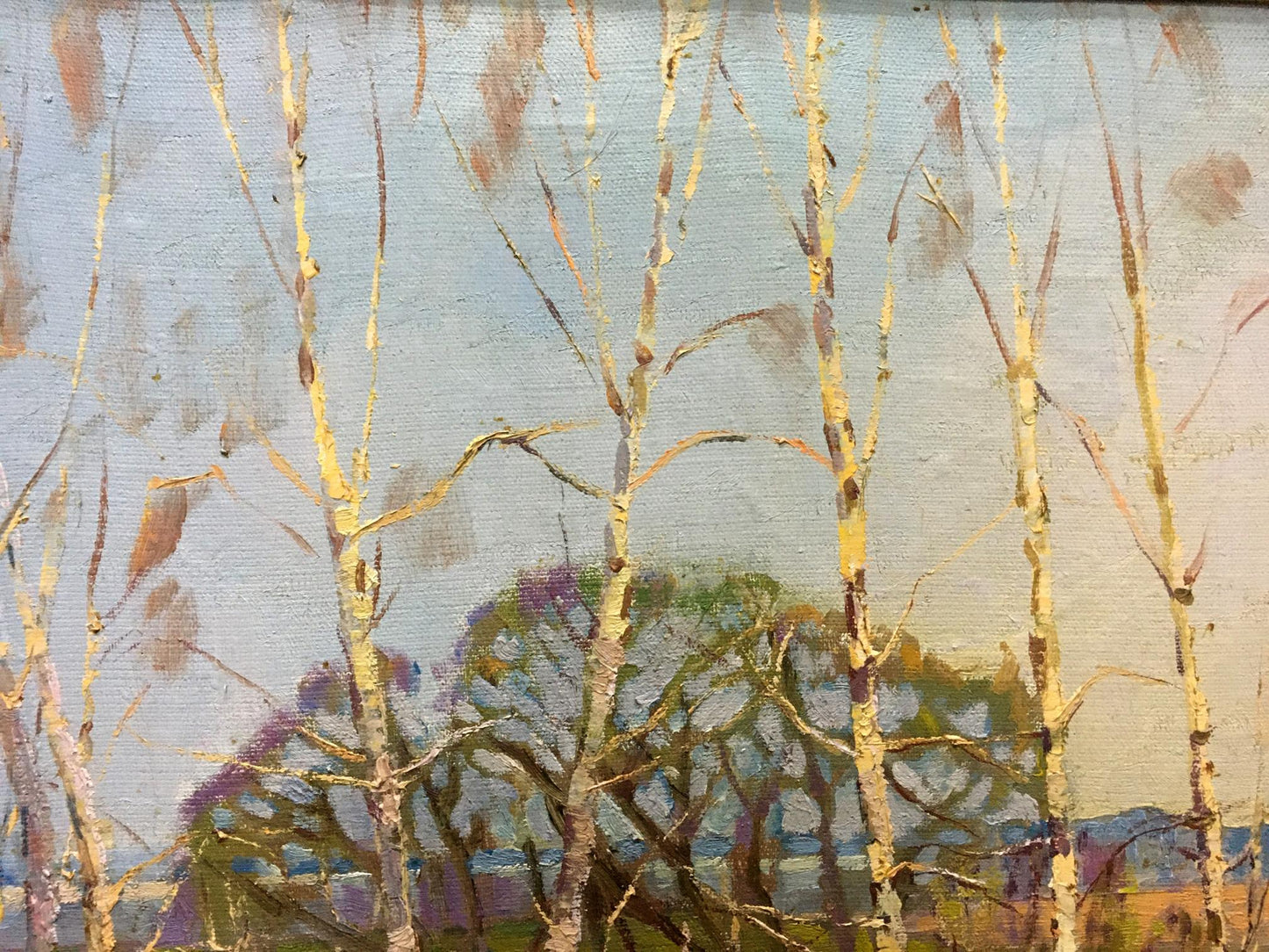 Oil painting Cable by Lvov Sergey Sergeyevich: pale yellow birch trees on blue sky