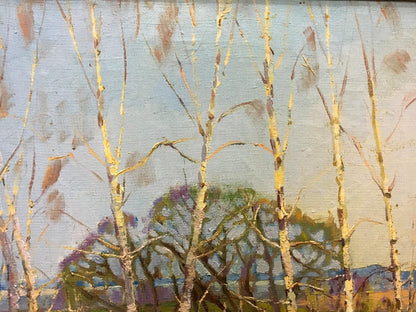 Oil painting Cable by Lvov Sergey Sergeyevich: pale yellow birch trees on blue sky