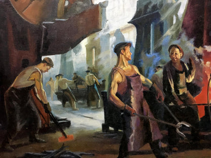 Vibrant oil painting of Tverdokhleb factory blacksmith workshop in warm tones