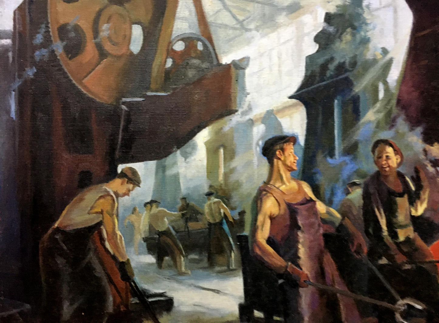 Oil painting of rust-colored factory machine with gears by Vl. Tverdokhleb
