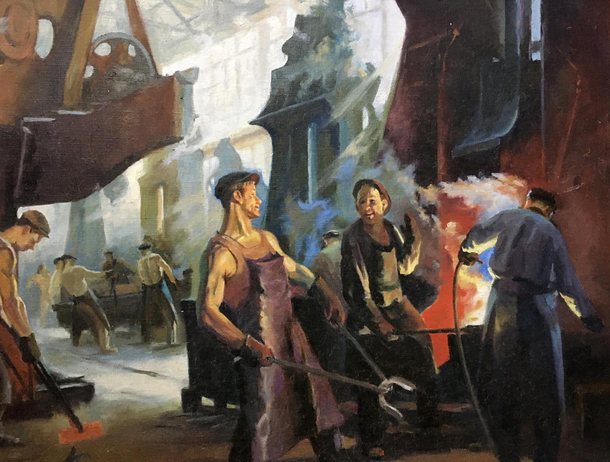 Vibrant oil painting of factory everyday life by Vl. Tverdokhleb, bustling forge scene