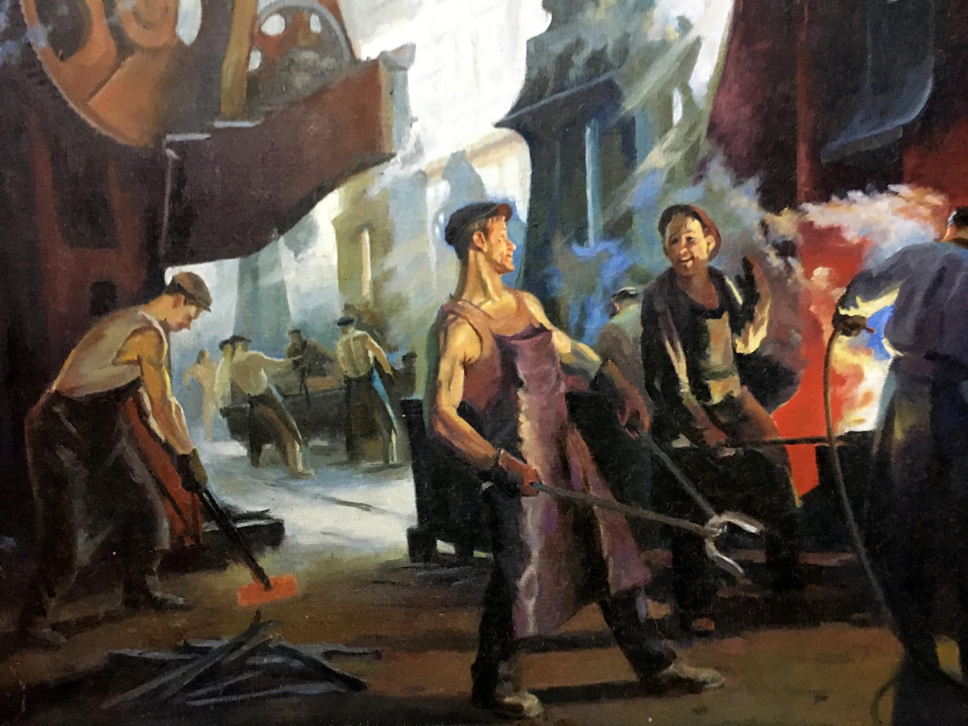 Vibrant oil painting of factory everyday life by Vl. Tverdokhleb, bustling forge scene