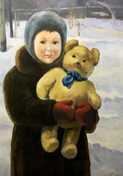 Oil painting portrait of Golovina R. with plush beige teddy bear