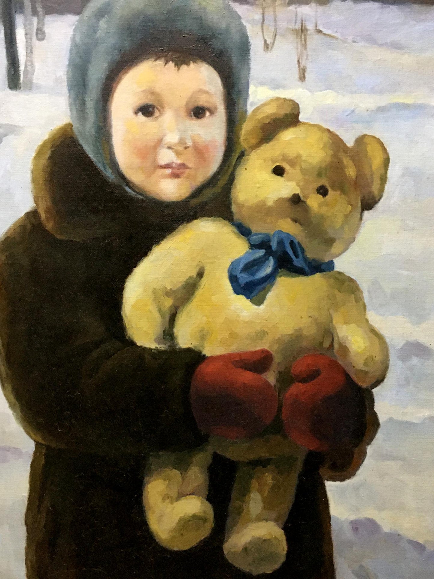 Plush light brown teddy bear in blue bow tie from Golovina R portrait