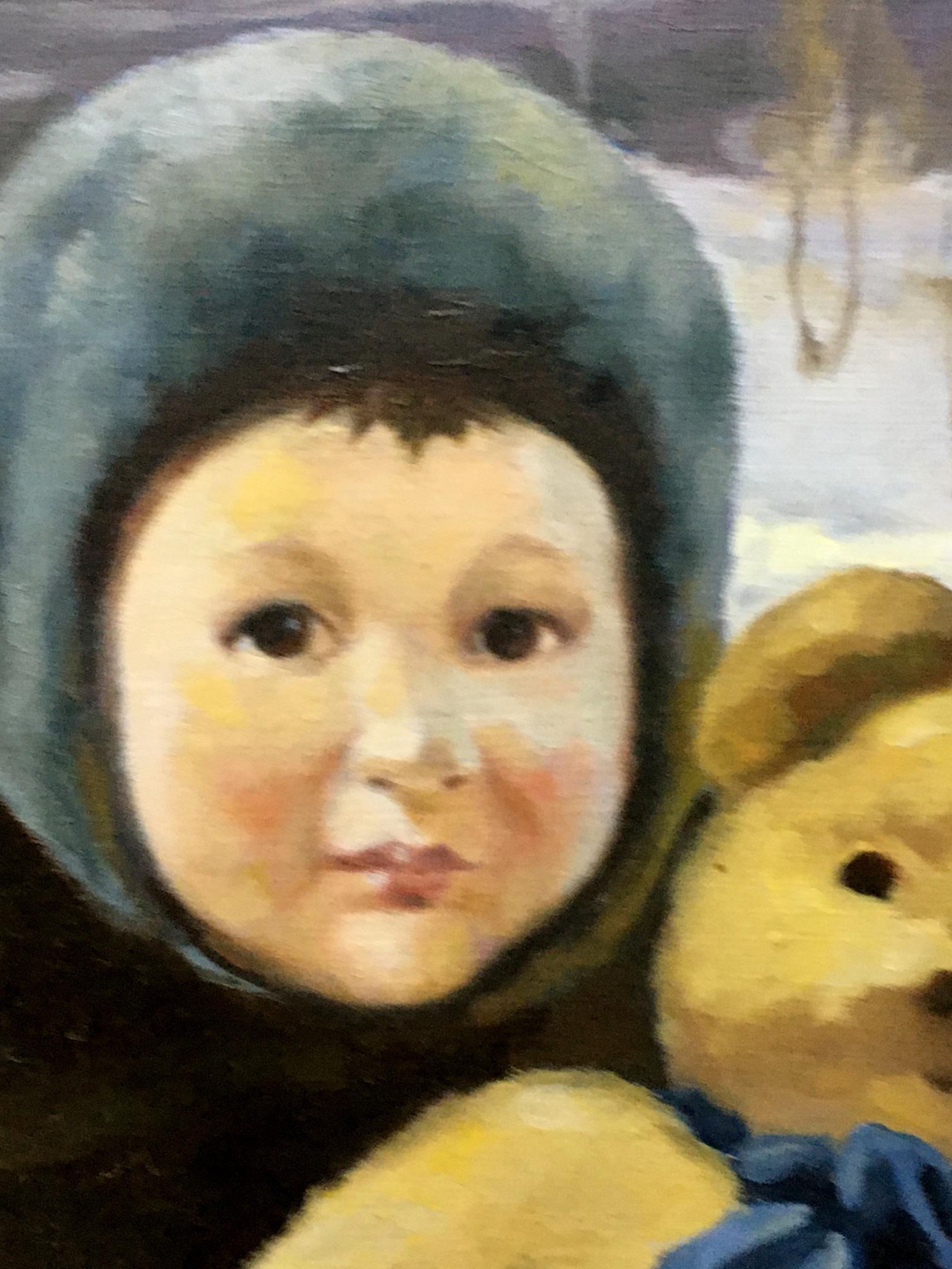 Oil painting portrait of girl Golovina R in soft blue fur-lined winter hat