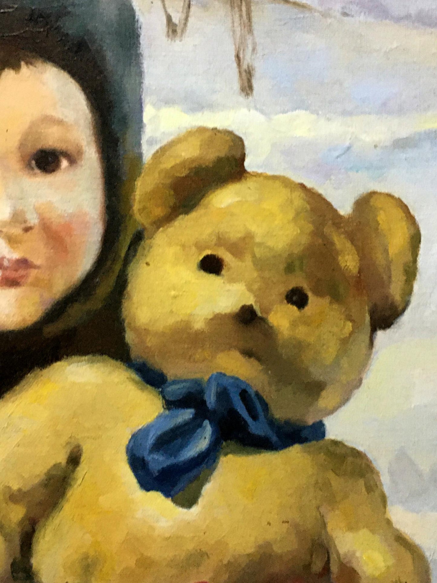 Oil painting portrait of Golovina R. with golden teddy bear and blue ribbon