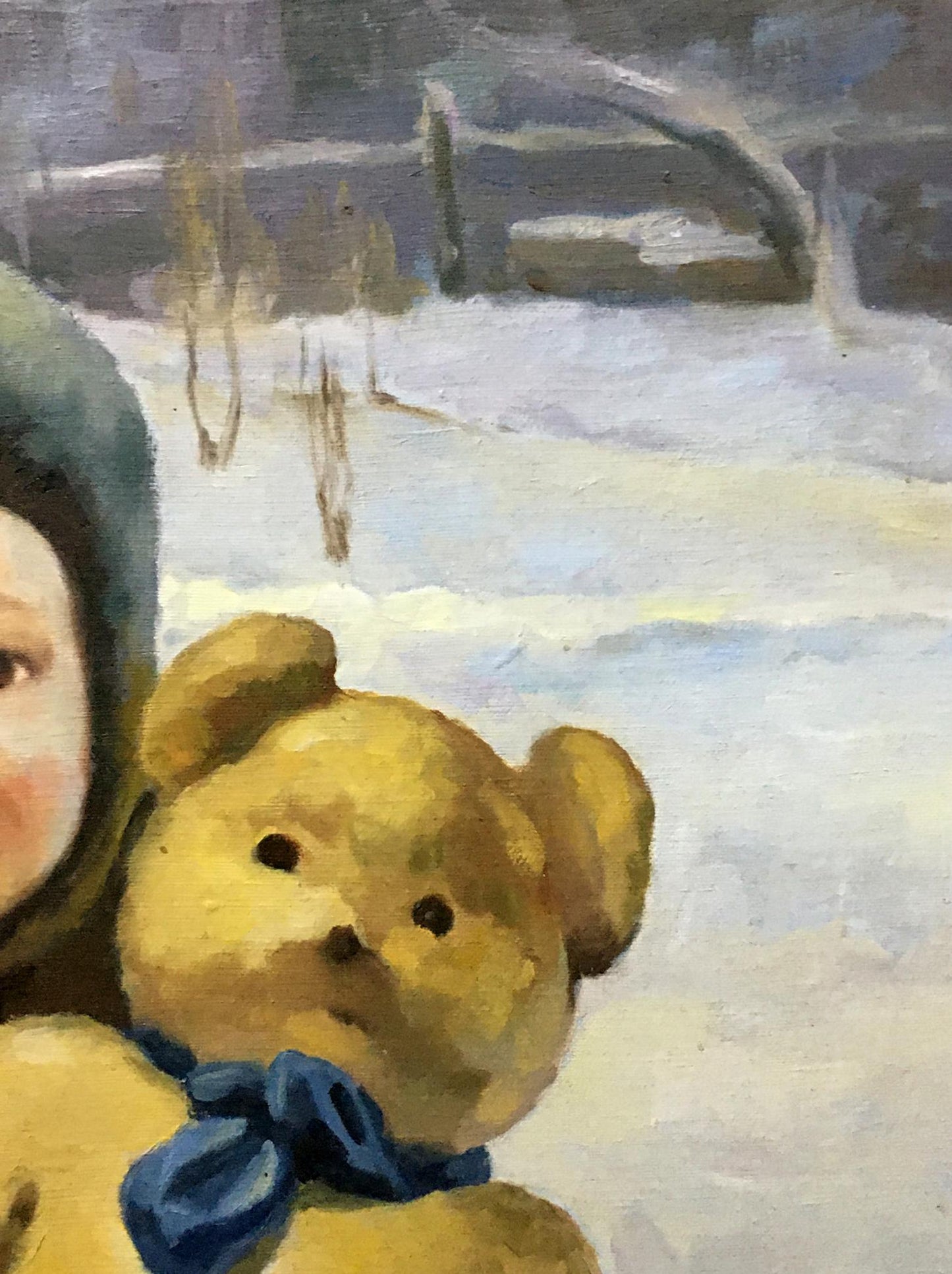 Oil painting portrait of Golovina R. as golden-brown teddy bear in blue bow tie