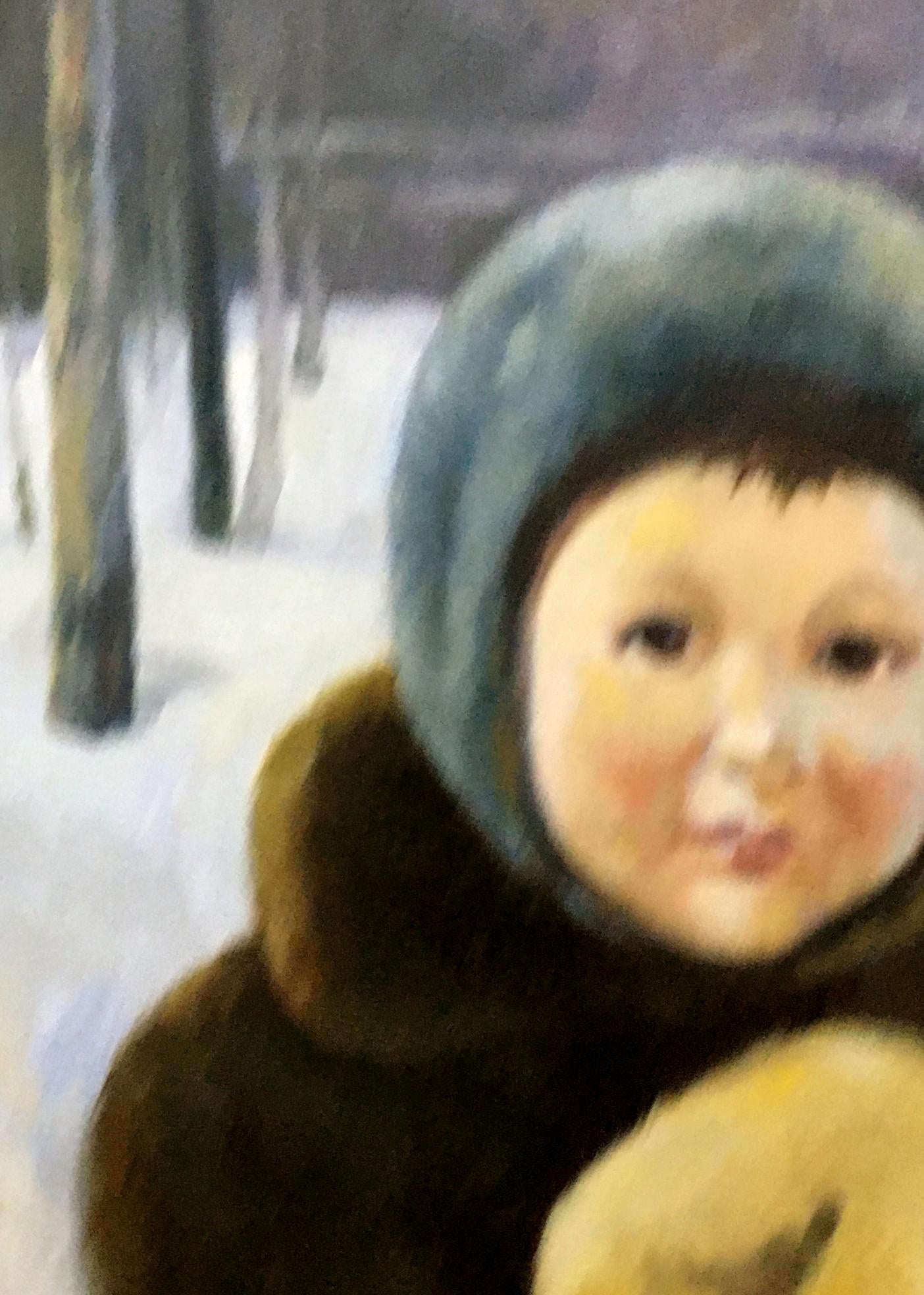 Soft muted blue winter hat in Golovina R oil painting portrait style