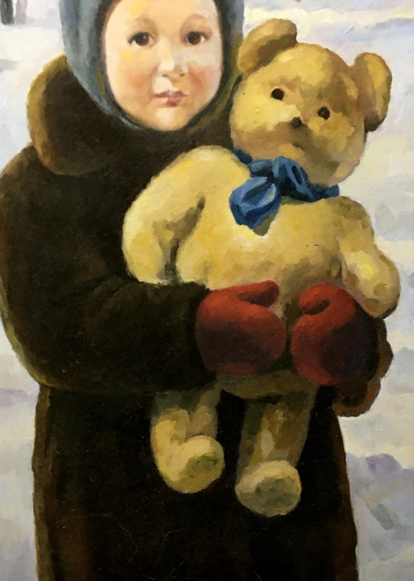 Oil painting portrait of Golovina R. with plush beige teddy bear in blue bow tie