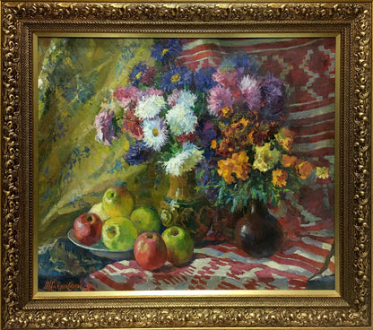 Oil painting Flowers Leonid Zhabinsky: vibrant bouquet in gold frame