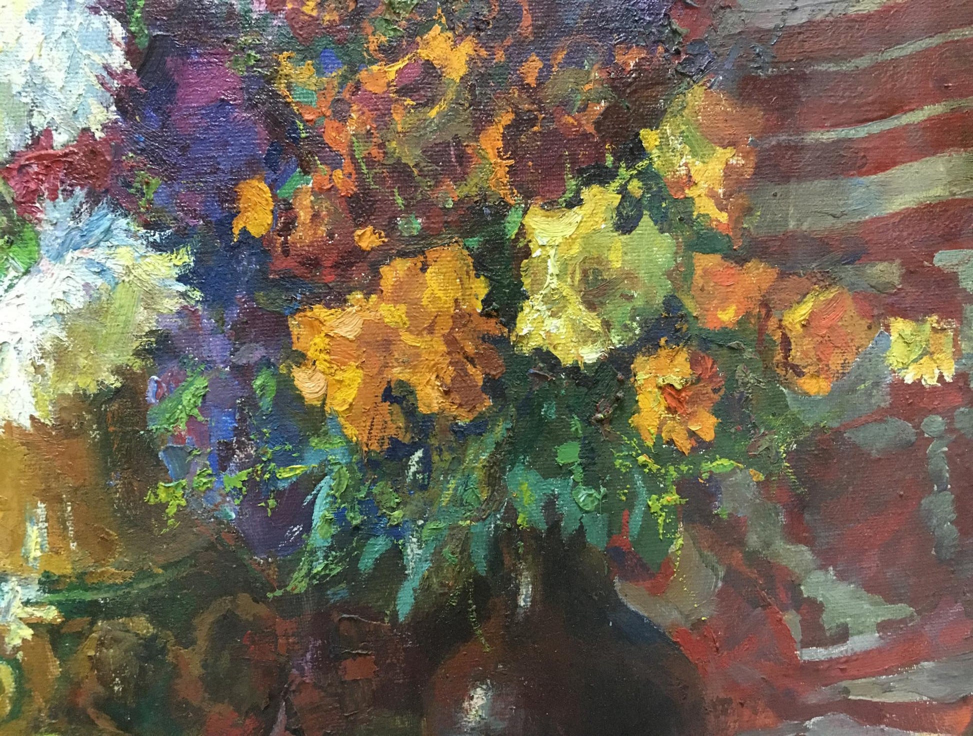 Vibrant impressionist oil painting of flowers in dark vase by Leonid Zhabinsky