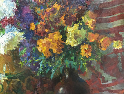 Vibrant impressionist oil painting of flowers in dark vase by Leonid Zhabinsky
