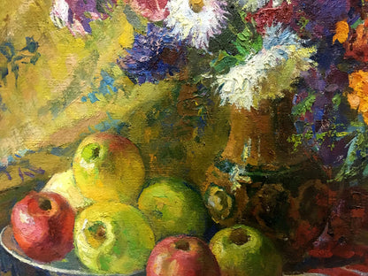 Oil painting by Leonid Zhabinsky: red green apples still life with flowers