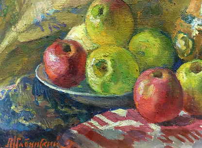 Vibrant oil painting of red and green apples in bowl by Leonid Zhabinsky