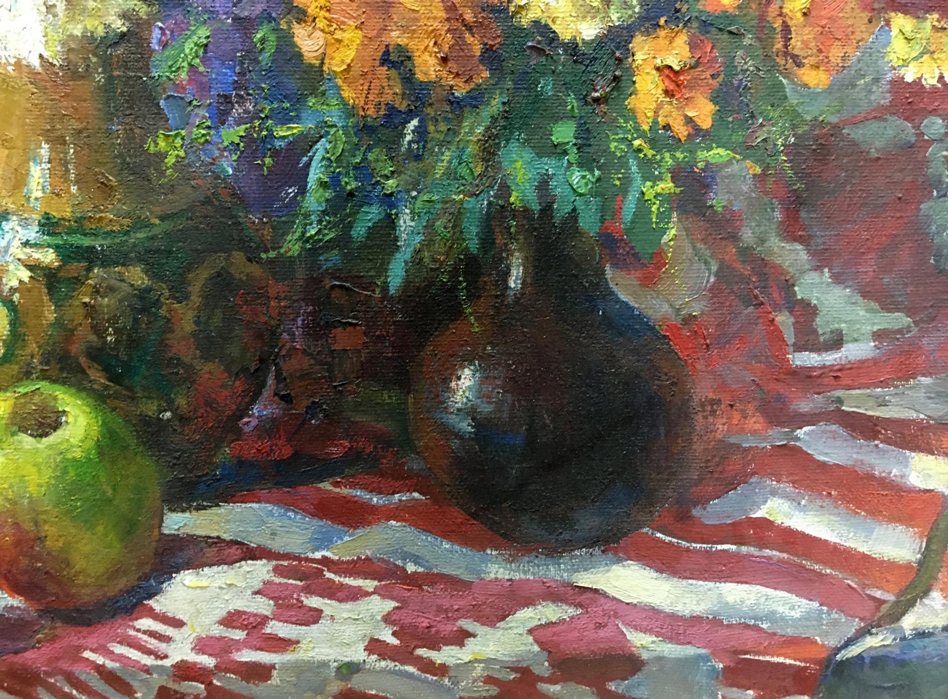 Oil painting of vibrant orange yellow flowers in dark glossy vase by Leonid Zhabinsky
