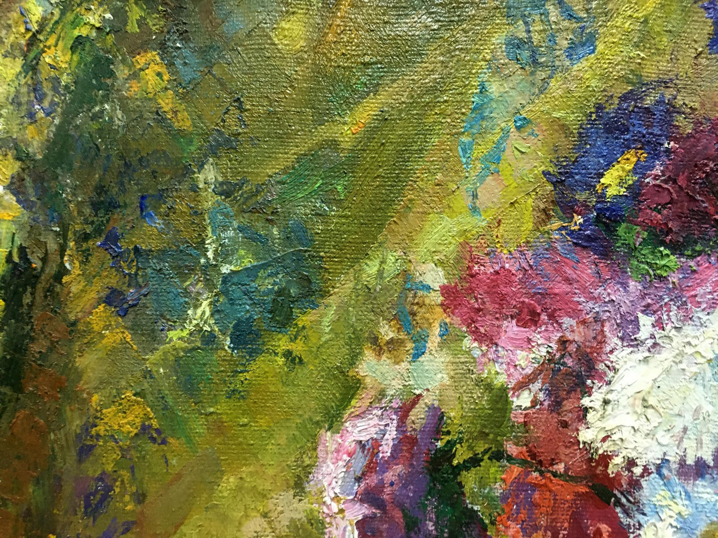 Vibrant oil painting Flowers Leonid Zhabinsky with bold green, yellow, pink, purple strokes