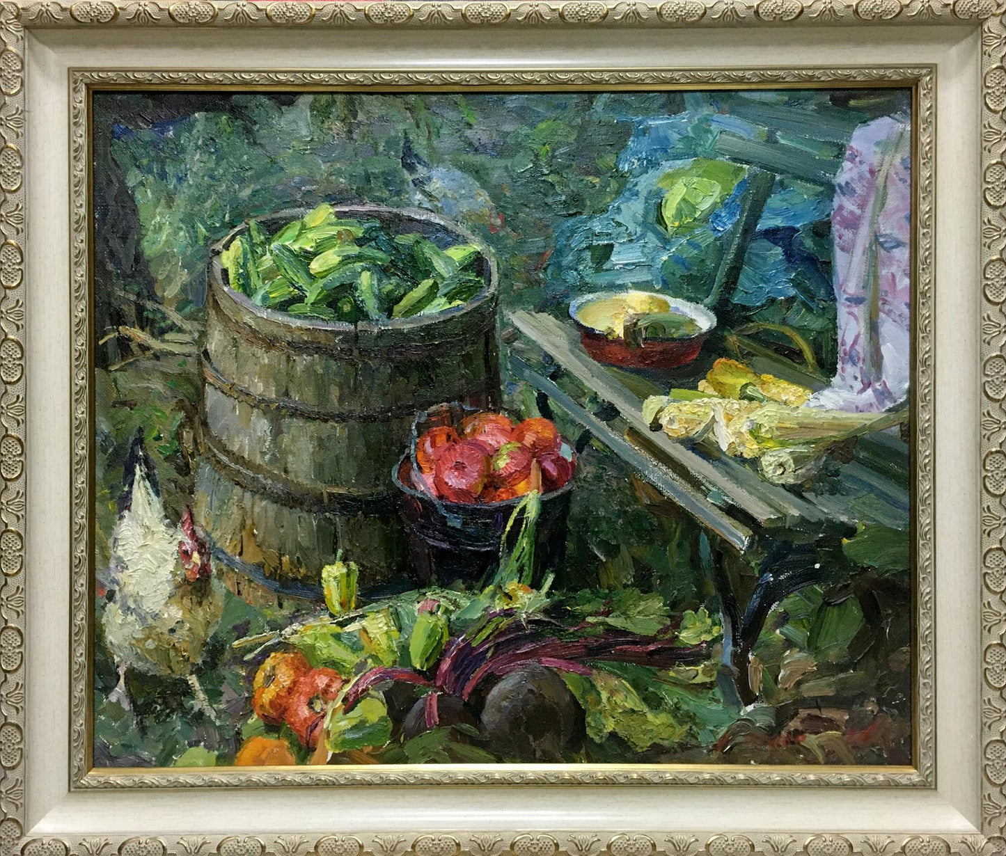 Rustic wooden barrel of green cucumbers by Anatoly Mikhailovich, oil painting