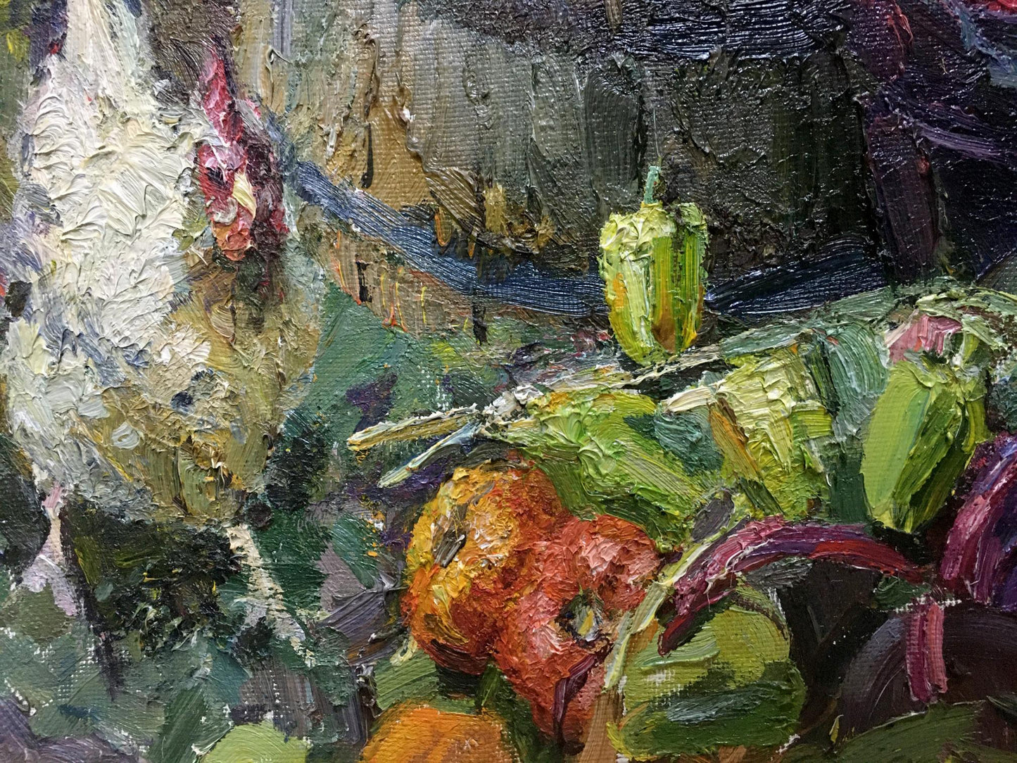 Oil painting Autumn Zhezher by Anatoly Mikhailovich: white chicken with peppers