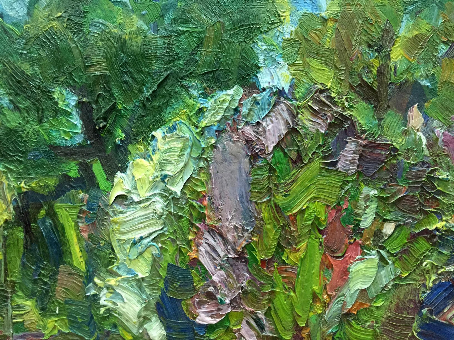 Abstract oil painting Tree in Sunlight by Sergey Dupliy, vibrant green foliage