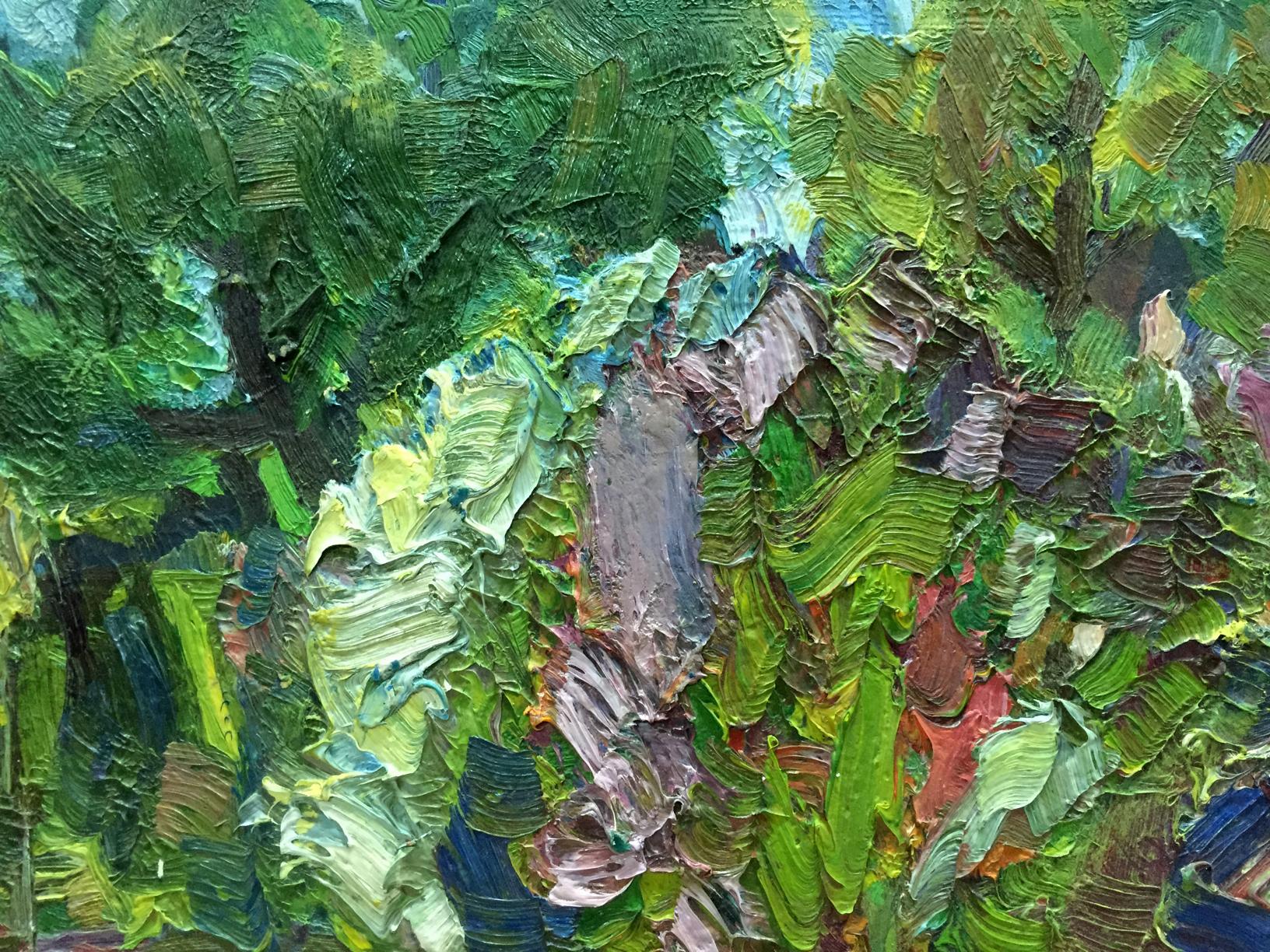 Abstract oil painting Tree in Sunlight by Sergey Dupliy, vibrant green foliage