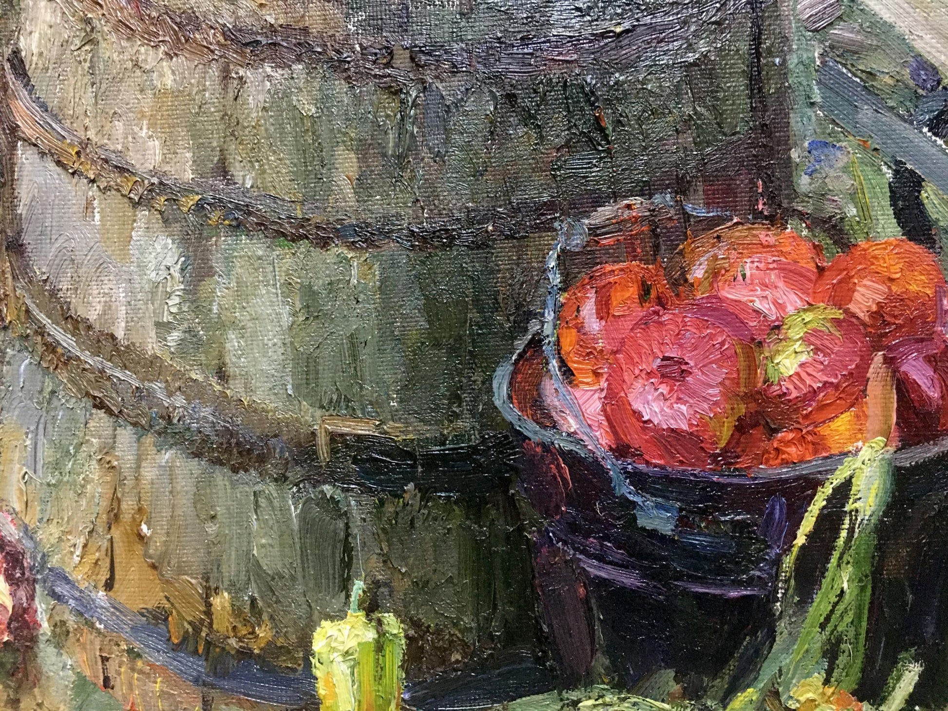 Oil painting Autumn by Zhezher Anatoly Mikhailovich: rustic barrel and apples
