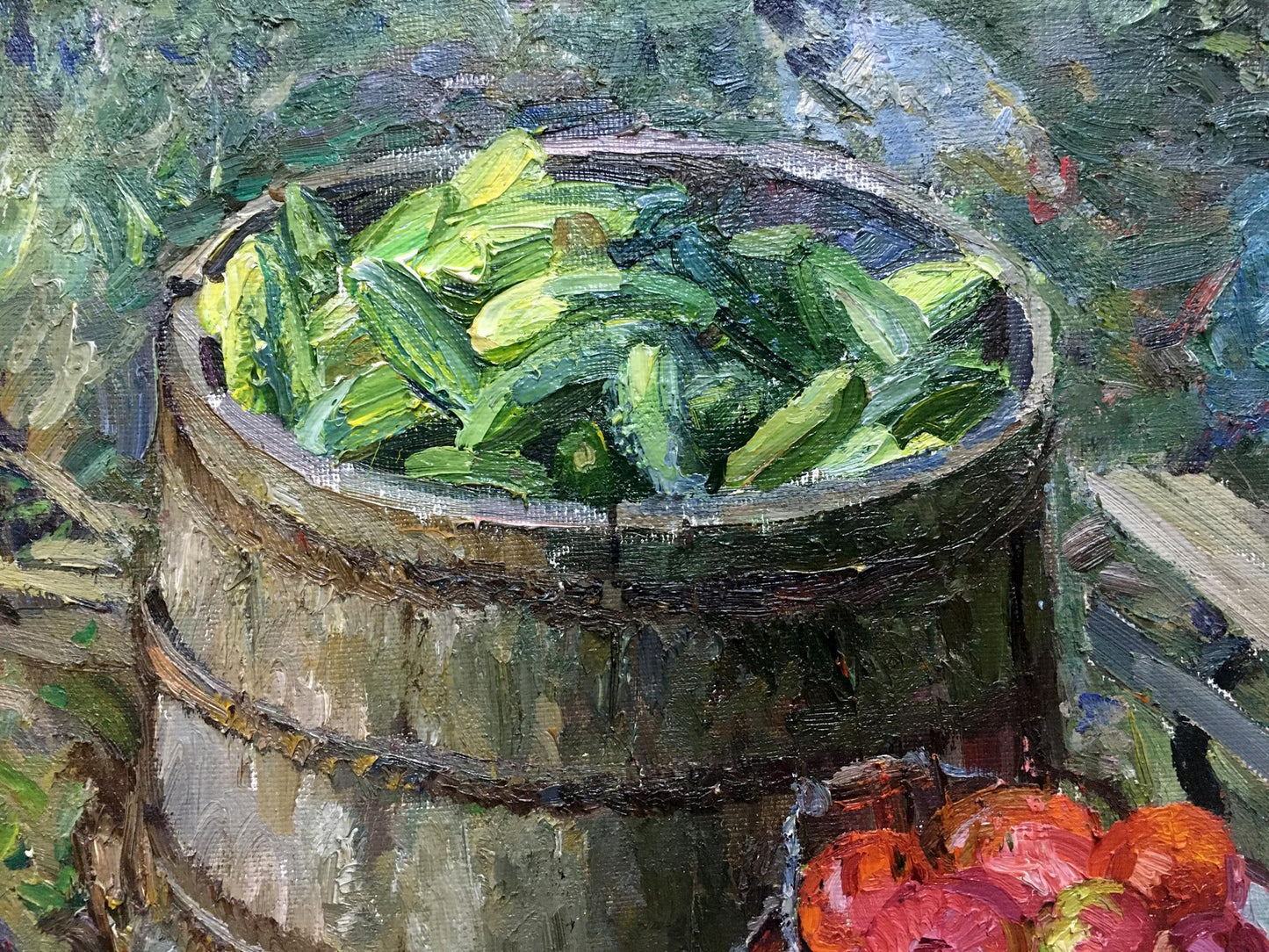 Oil painting by Anatoly Mikhailovich Zhezher: rustic bucket of green cucumbers
