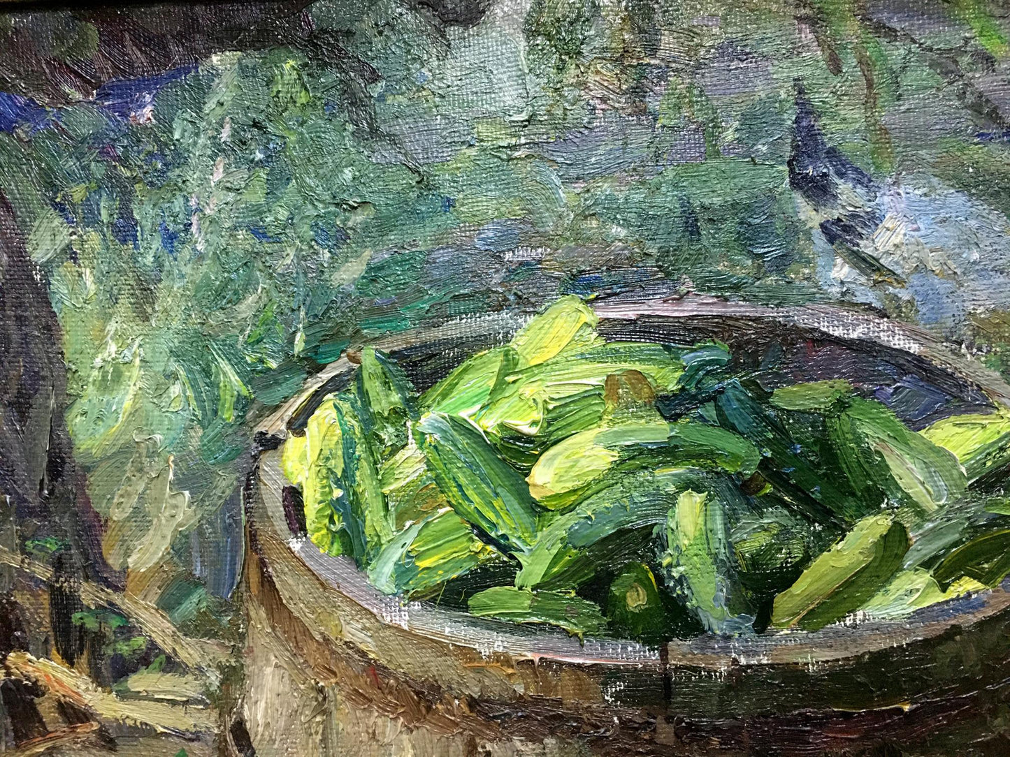 Rustic wooden bucket overflowing with green cucumbers, Autumn Zhezher oil painting by Anatoly Mikhailovich