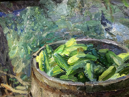 Rustic wooden bucket overflowing with green cucumbers, Autumn Zhezher oil painting by Anatoly Mikhailovich