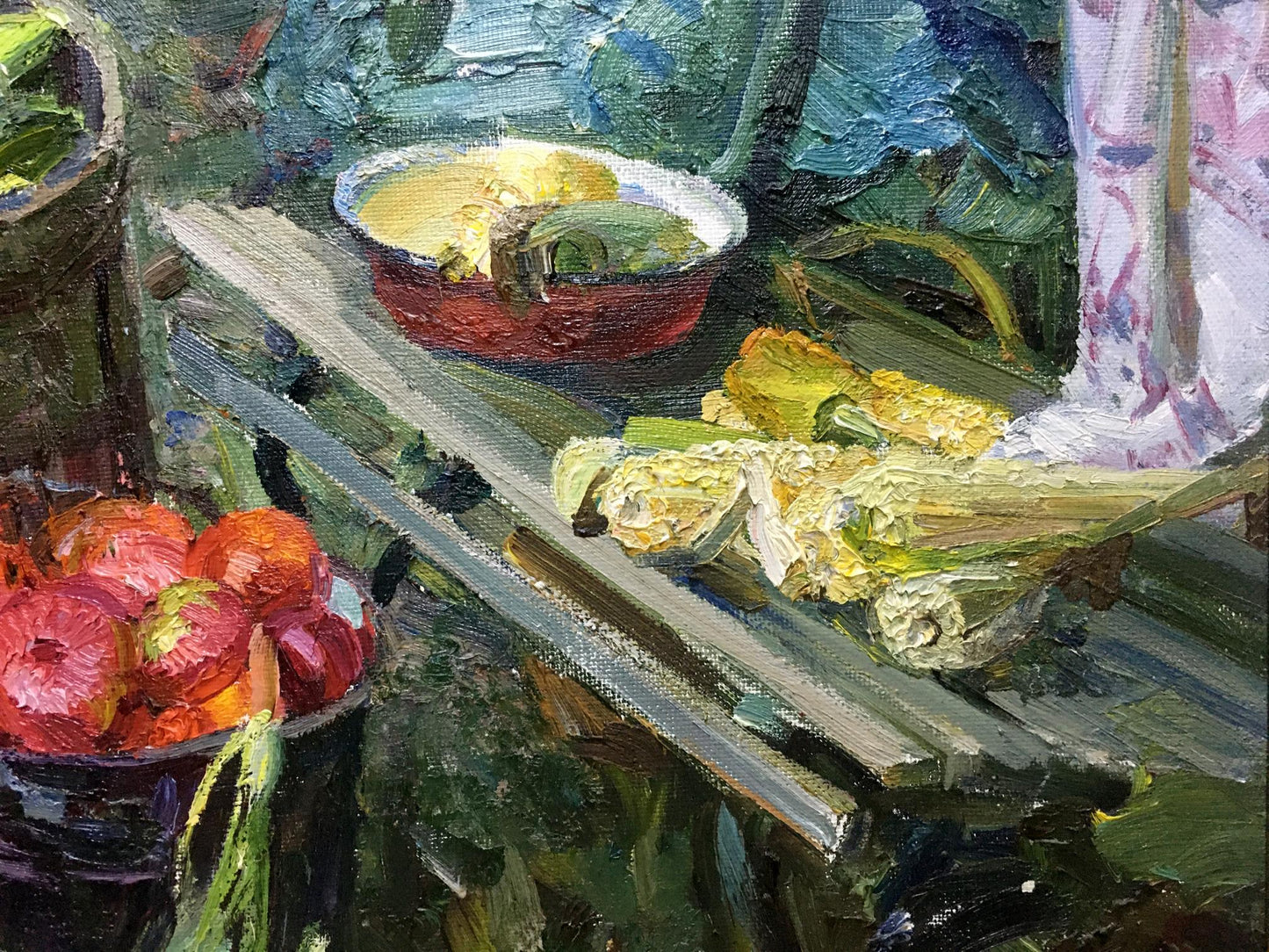 Oil painting Autumn Zhezher by Anatoly Mikhailovich, rustic table with apples and corn