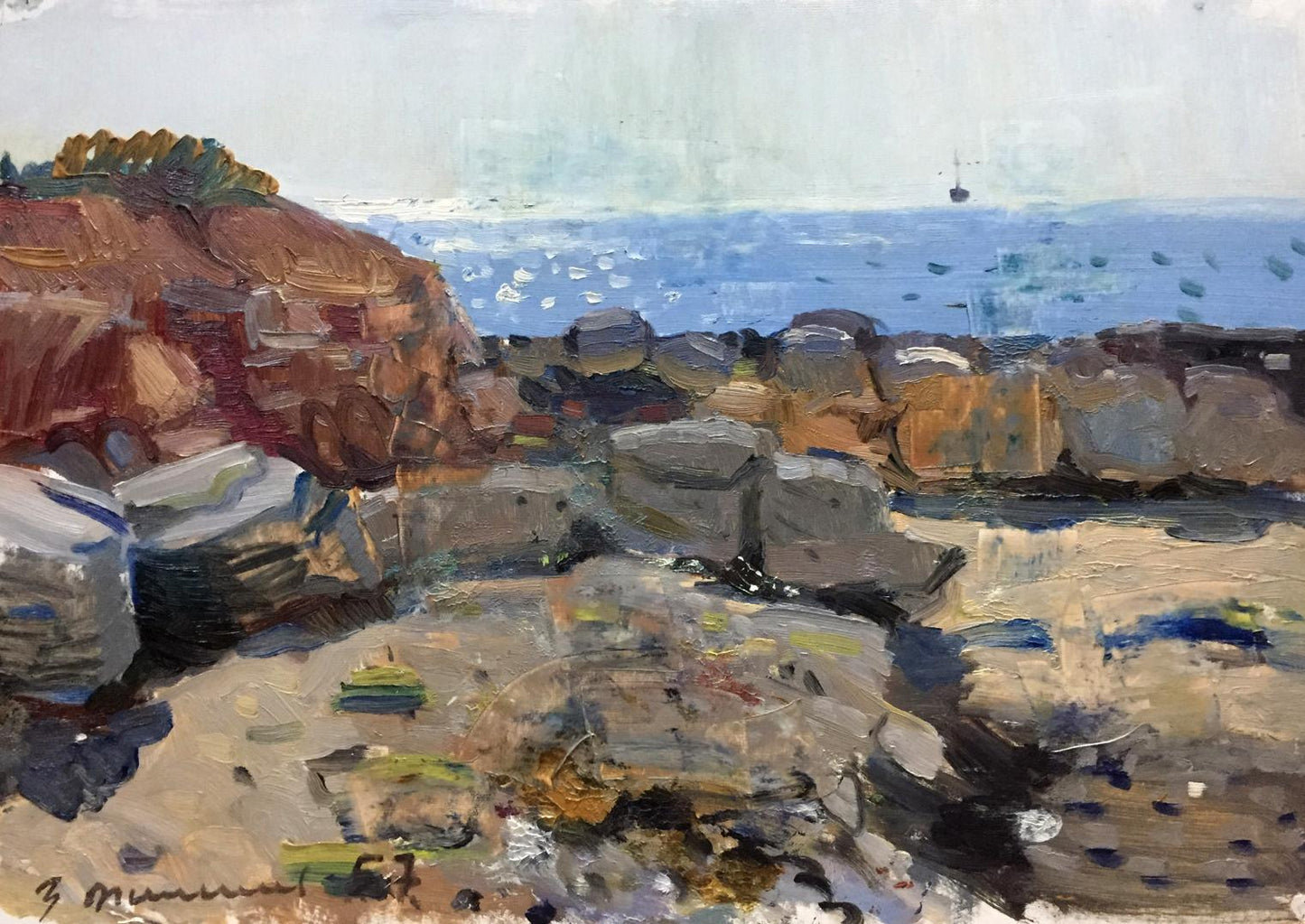 Oil painting Seascape Filippov Z.I. with rugged cliffs and rocks
