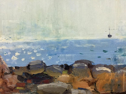 Oil painting Seascape Filippov Z.I. with rocks and distant sailboat