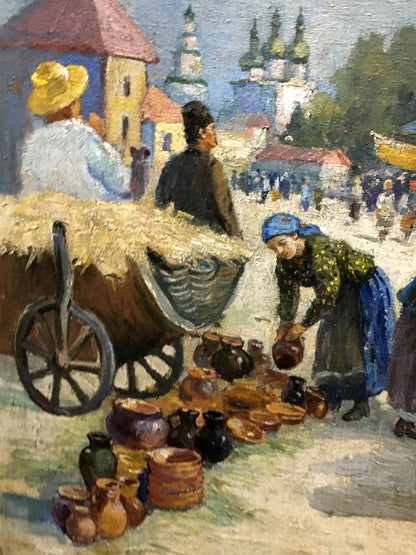 Woman in blue headscarf inspects ceramics at Ilyinsky fair in Romny oil painting