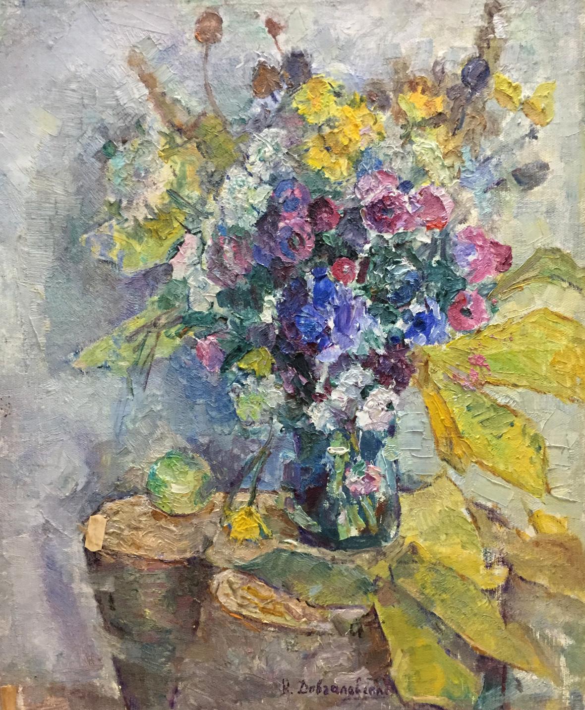Vibrant impressionistic oil painting of lush bouquet in blue vase by Vera Dovgalevskaya