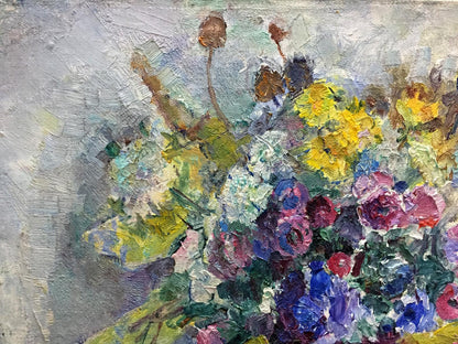 Vibrant oil painting Flowers Vera Dovgalevskaya with lush yellow purple blue florals