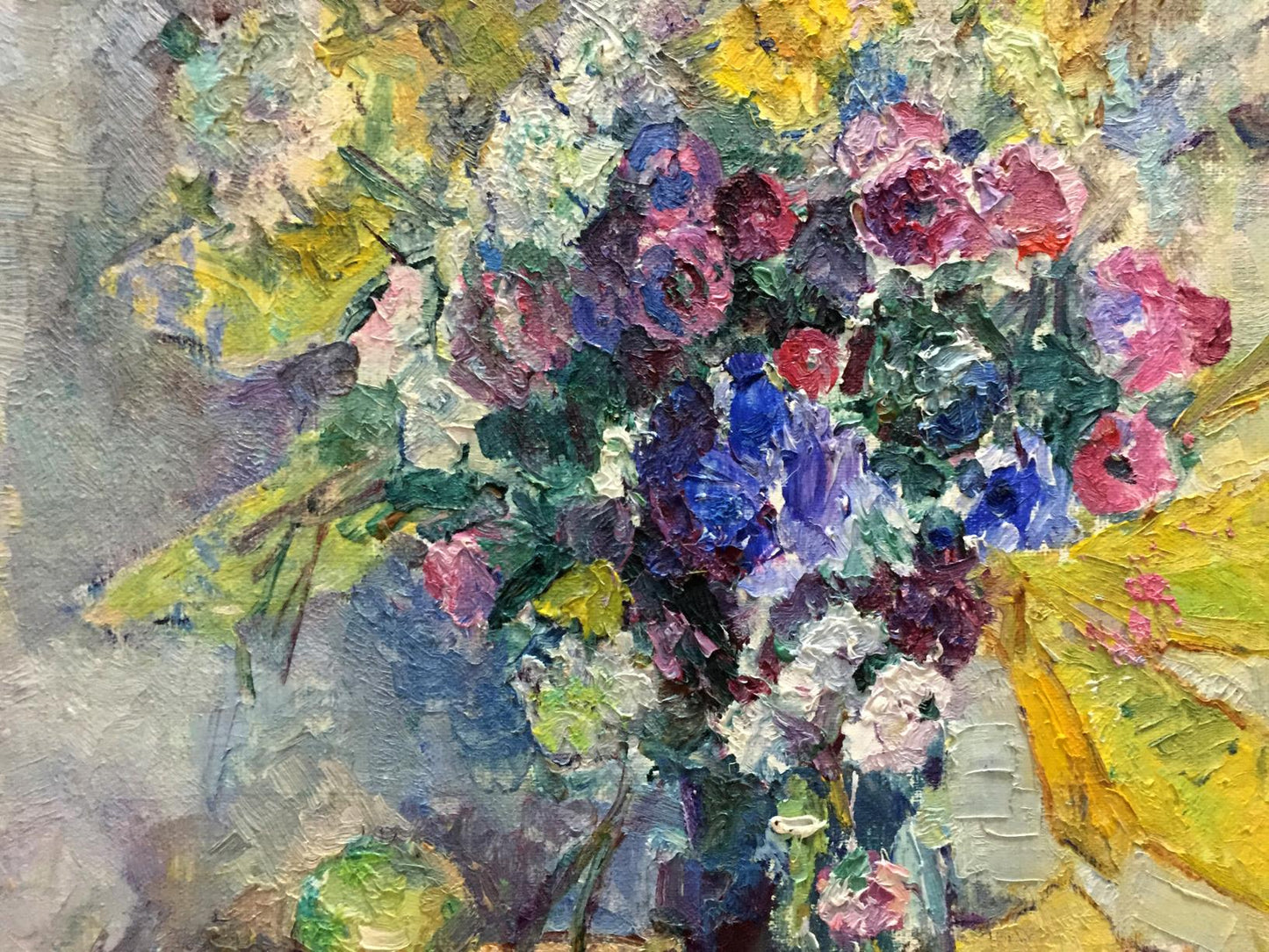 Vibrant impressionistic oil painting of lush bouquet in blue vase by Vera Dovgalevskaya