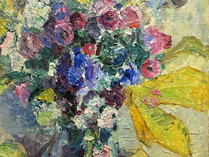 Vibrant impressionistic oil painting Flowers Vera Dovgalevskaya with lush bouquet