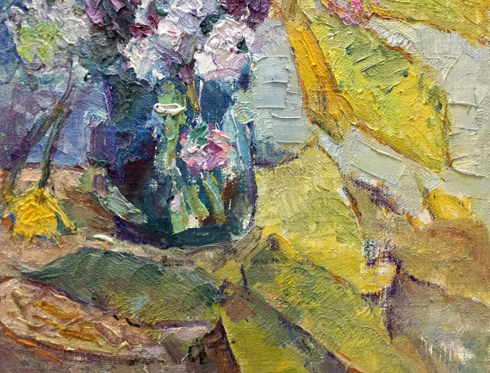 Oil painting Flowers Vera Dovgalevskaya: dark blue glass vase with pink white flowers