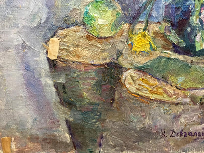 Oil painting by Vera Dovgalevskaya: green cabbage and yellow dandelion on wood
