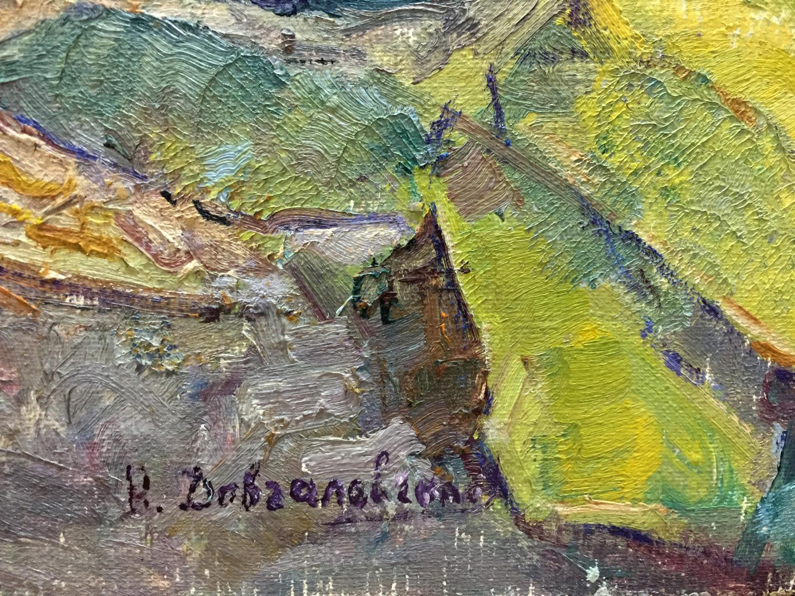 Oil painting Flowers by Vera Dovgalevskaya textured green yellow brown back