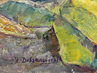 Oil painting Flowers by Vera Dovgalevskaya textured green yellow brown back