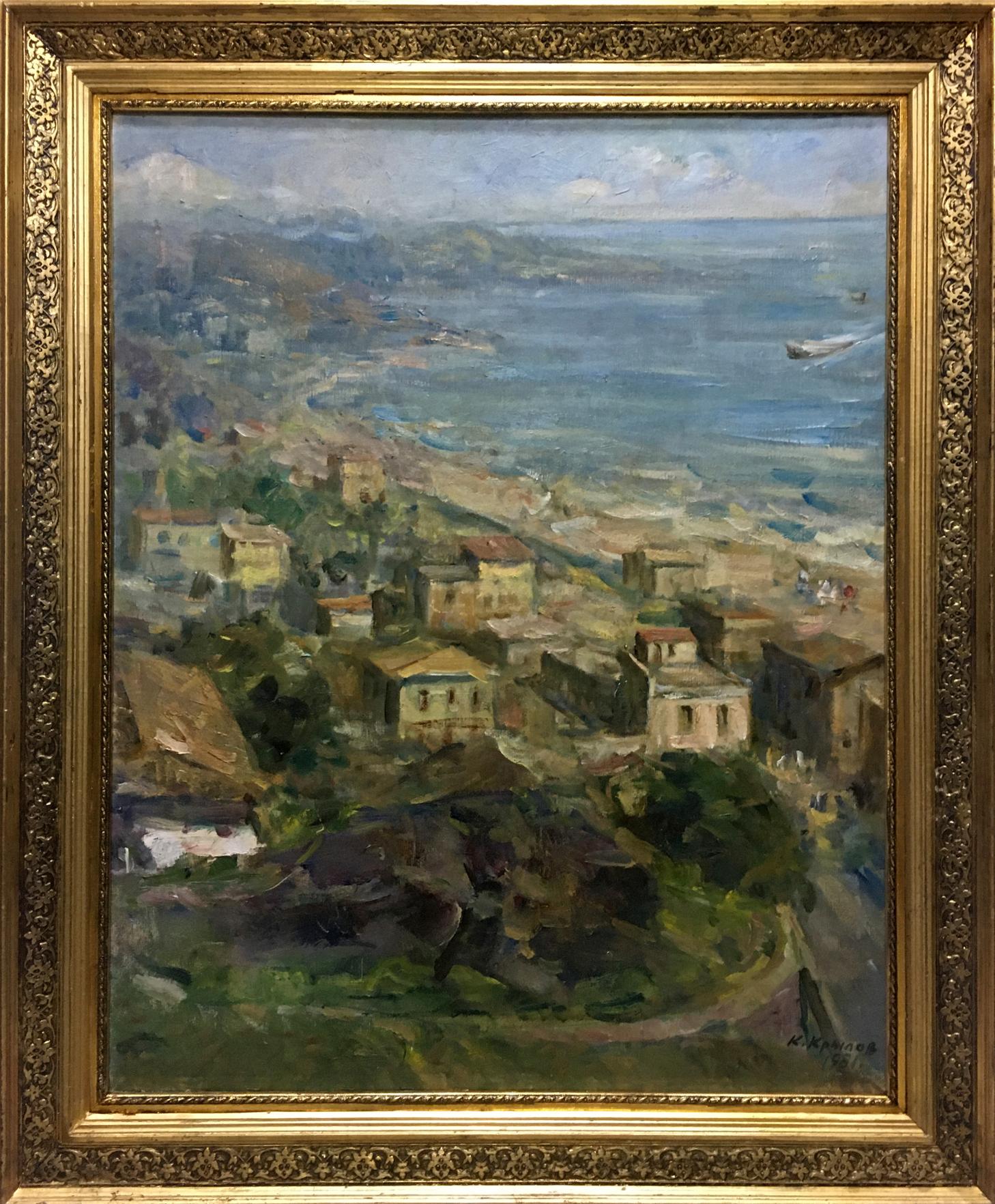 Framed oil painting of coastal town by Krylov Konstantin Alekseevich