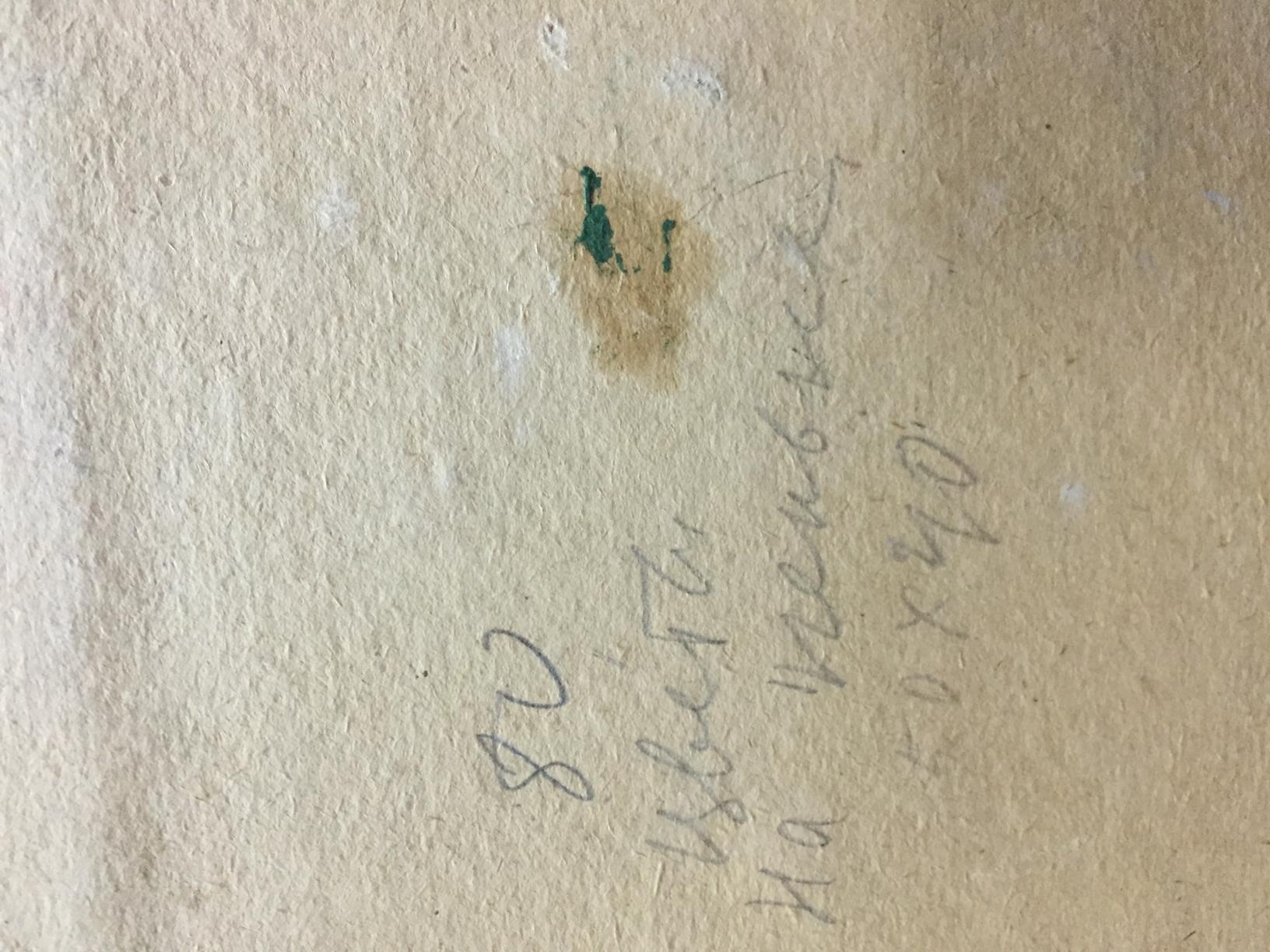 Back of Oil painting Flowers by Vera Dovgalevskaya: beige textured paper with markings and green stain
