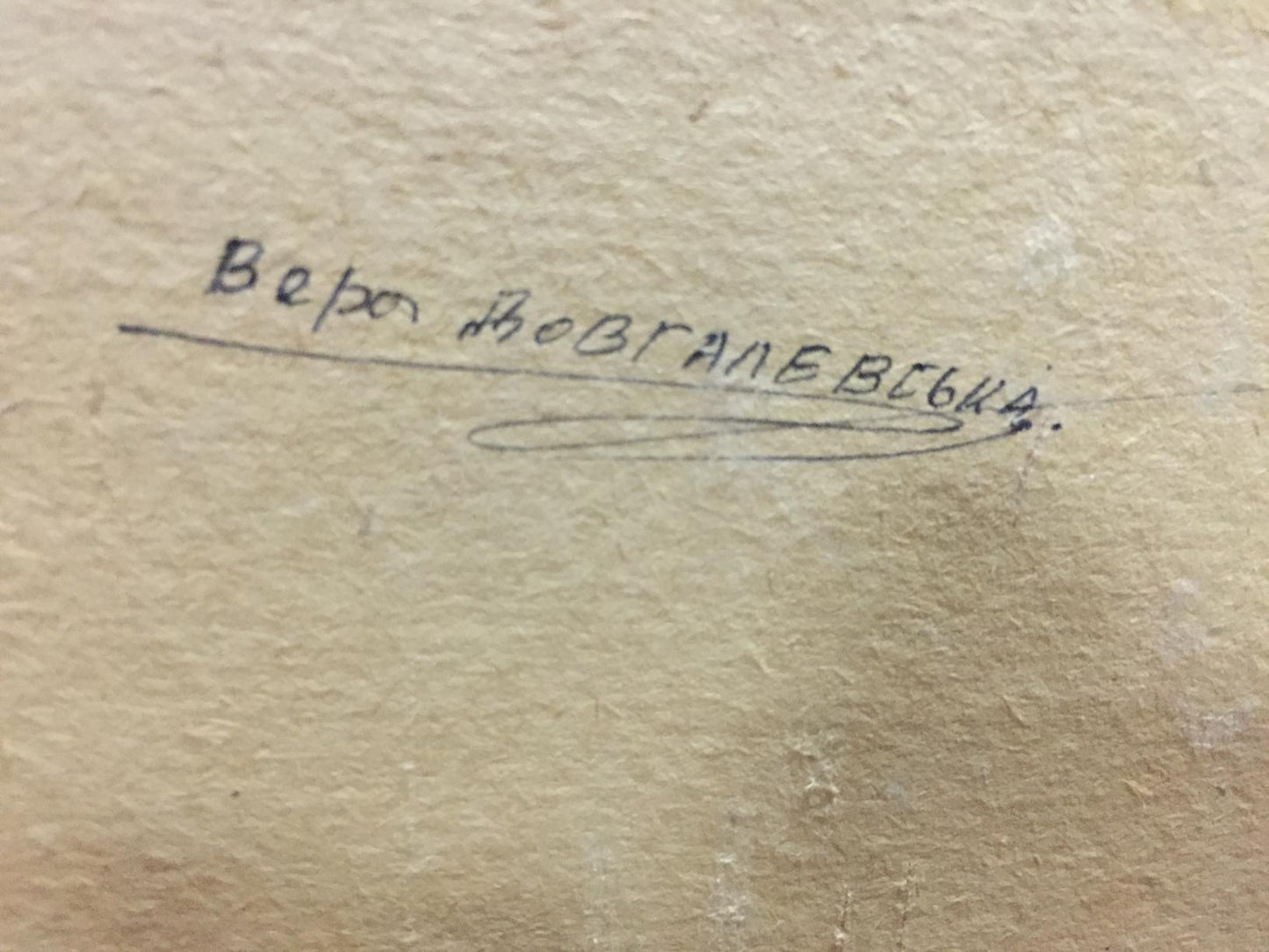Handwritten signature on back of Vera Dovgalevskaya oil painting Flowers
