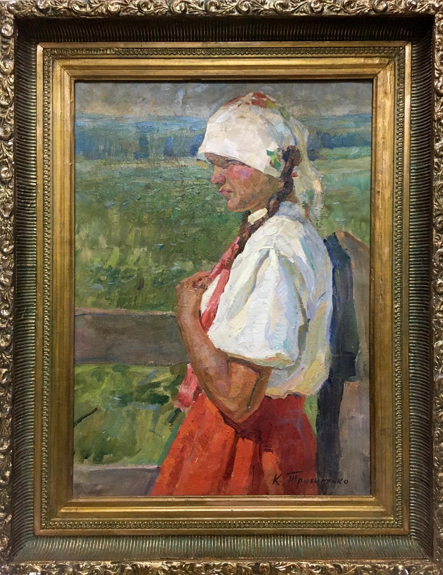 Oil painting of woman by Trohimenko Karp Demyanovich in ornate gold frame