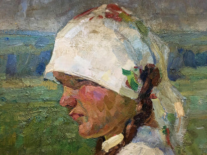 Oil painting of woman in floral headscarf by Trohimenko Karp Demyanovich