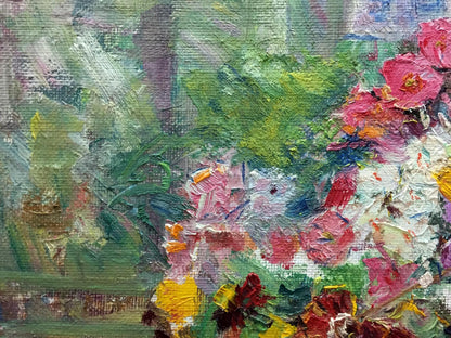 Oil painting Lilac by Vera Dovgalevskaya with vibrant pink and red blossoms