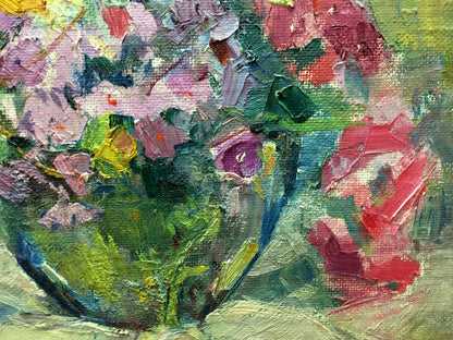 Vibrant oil painting Lilac by Vera Dovgalevskaya: pink purple flowers in green vase