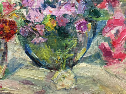 Vibrant impressionist oil painting Lilac by Vera Dovgalevskaya, bouquet in blue vase