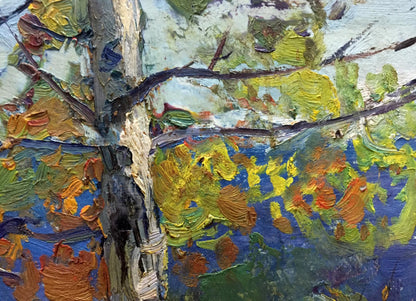 Textured impasto oil painting of autumn forest tree by Gantman Moisey Faibovich